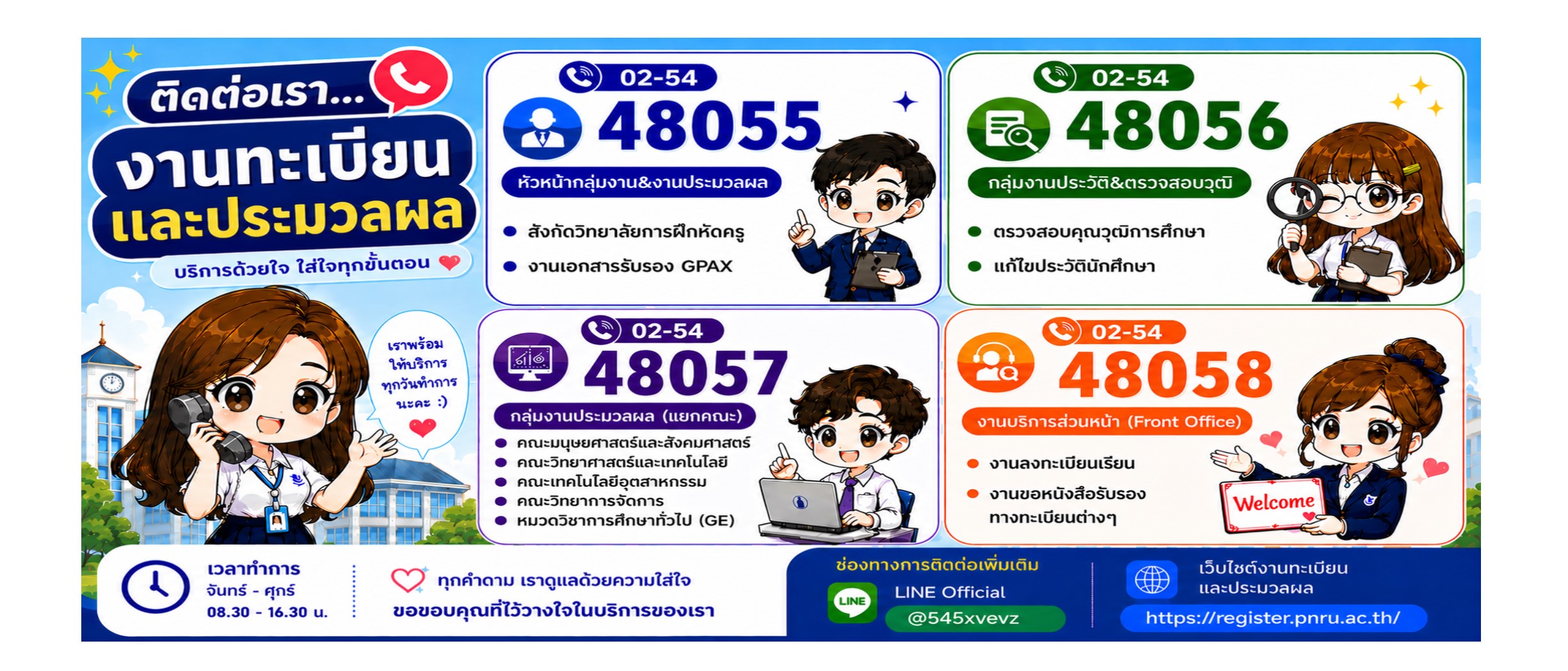 ช่องทางการติดต่อ งานทะเบียนและประมวลผลการศึกษา